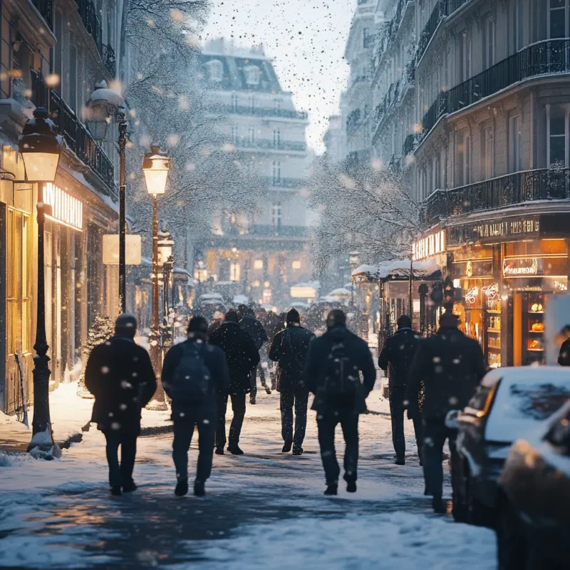 Un employeur d'une entreprise et ses employés qui sortent du bureau bien couvert pour lutter contre le froid