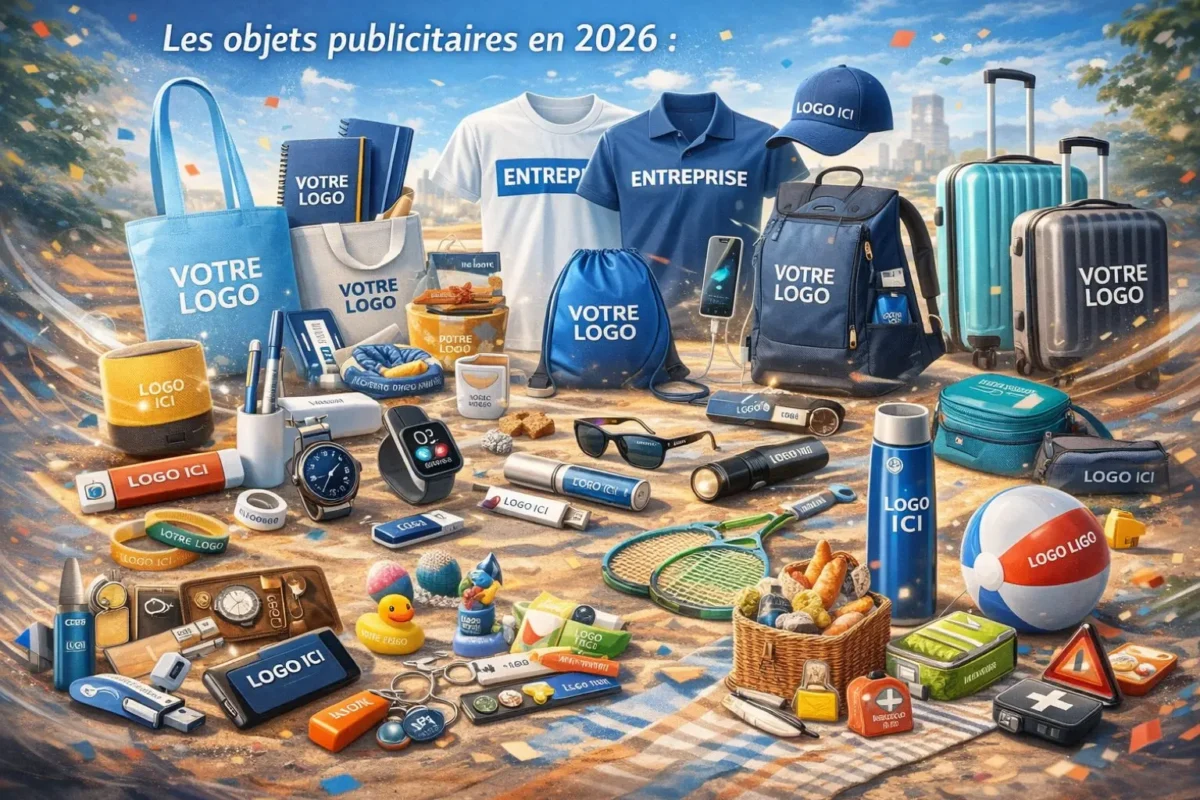 Les objets publicitaires tendances en 2026 : Stylos publicitairesCarnets et blocs-notesTote bags personnalisablesSacs shoppingSacs à dos promotionnelsGourdes personnaliséesMugs personnalisésLunettes de soleil publicitairesBatteries externes (power banks)Enceintes BluetoothClés USB publicitairesÉcouteurs sans filMontres et objets connectésChargeurs et accessoires smartphoneBracelets événementielsBadges et pins personnalisésPorte-clés publicitairesLampes et lampes torchesBriquets publicitairesT-shirts personnalisésPolos promotionnelsSweats personnalisésCasquettes personnaliséesFoulards / écharpes promotionnellesParapluies personnalisésSacs de sportSacs de voyageValises promotionnellesGourdes et accessoires outdoorJeux et jouets promotionnelsBallons publicitairesArticles de pique-niqueAccessoires auto et sécurité