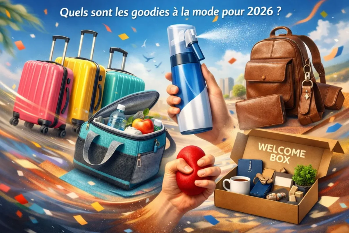 Illustre des objets publicitaires : valises coloréesSac isothermeBouteille avec sprayBalle anti-stressGamme CUIRLes box de bienvenue