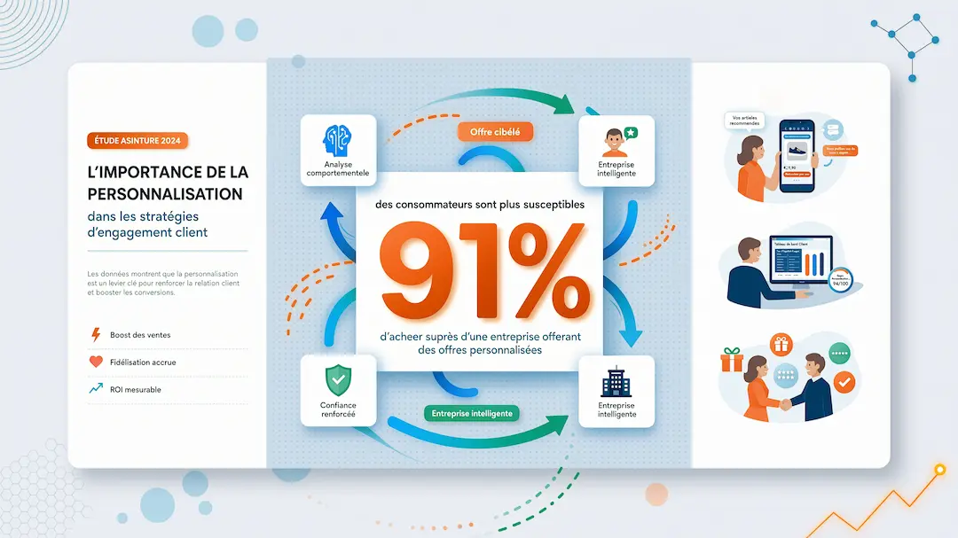 Quelle est l'importance de la personnalisation dans les stratégies d'engagement des clients ?Asinture a menu une étude qui indique que 91% des consommateurs sont davantage susceptibles d'acheter auprès d'une entreprise qui leur offre des offres personnalisées et pertinentes. La personnalisation est cruciale pour renforcer votre relation avec des clients et des entreprises.