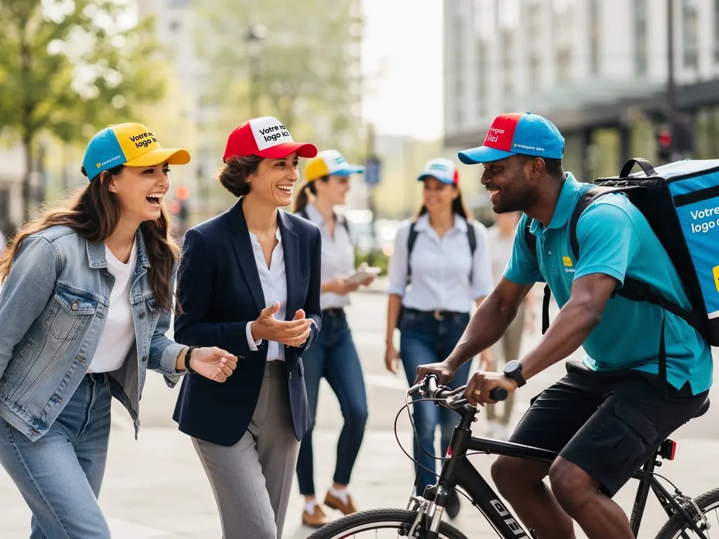 Différente personnes avec des casquettes publicitaires de couleurs