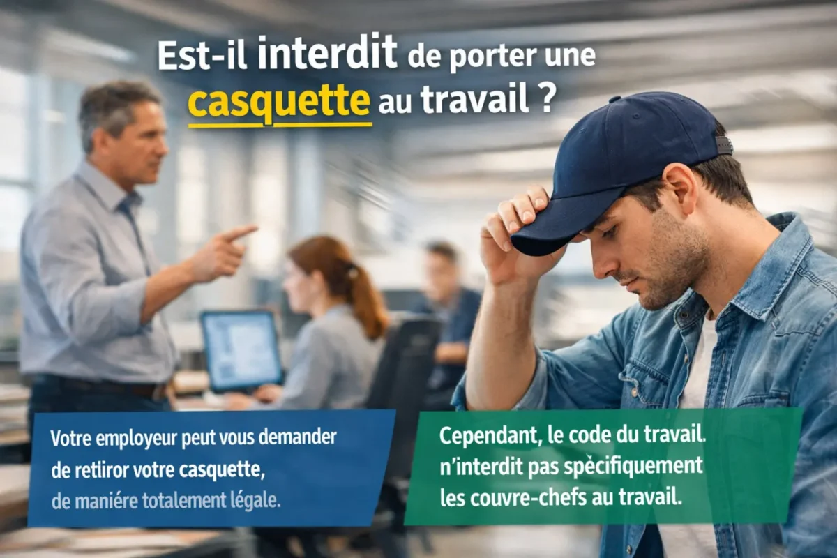 Est-il interdit de porter une casquette au travail ?Votre employeur peut vous demander de retirer votre casquette, de manière totalement légale. Cependant, le code du travail n'interdit pas spécifiquement les couvre-chefs au travail.