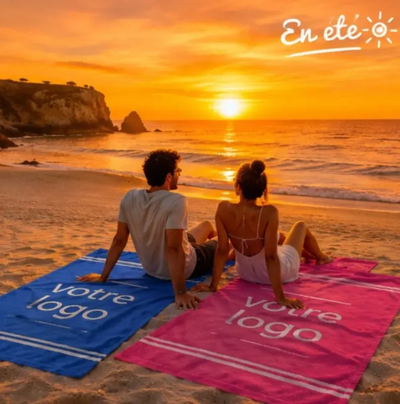 Objet publicitaire serviette de plage au coucher de soleil.