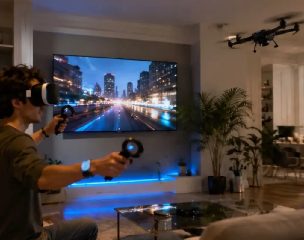 Drone, tv connecté, casque vr dans un salon
