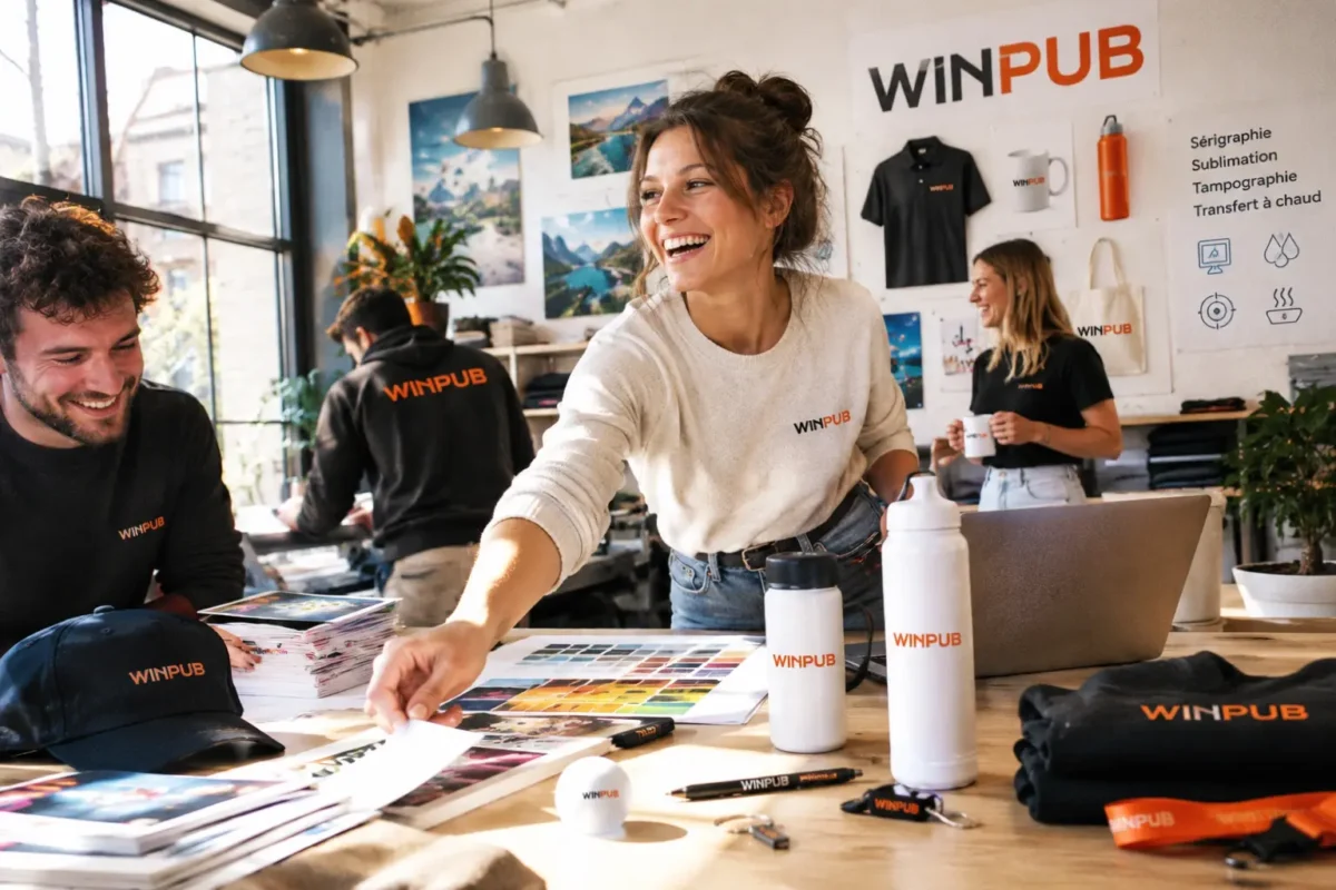 Une équipe de WINPUB en train de voir quelles techniques de marquage ils vont choisir sur les objets publicitaires