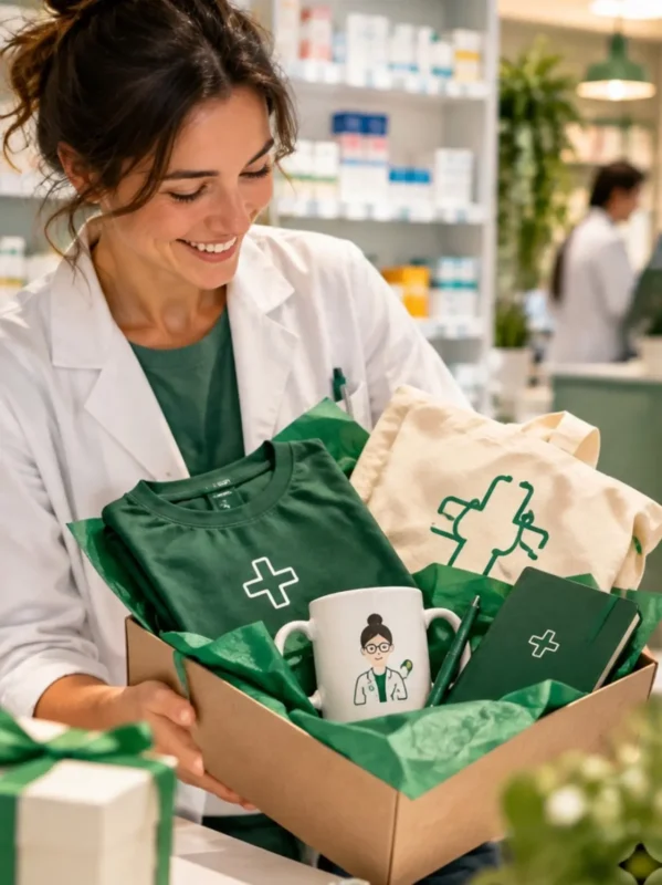 Une pharmacienne avec sa box goodies de bienvenue.