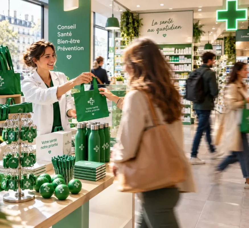 Une pharmacie qui distribue des goodies à sa clientèle pour une campagne de bien être.